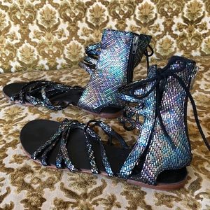 Free People Lace-Up Sandals Iridescent Snakeskin